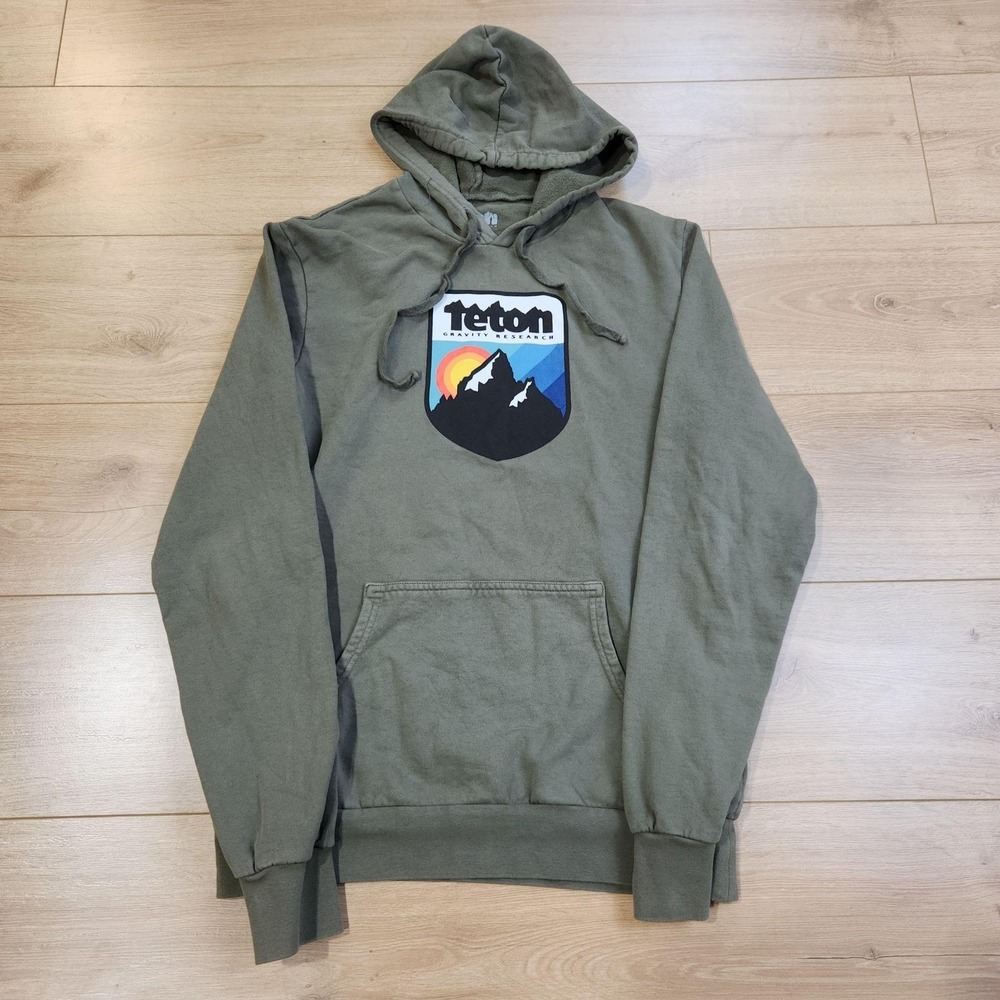 Teton Gravity Research Hoodie Sweatshirt Mens Small Green Mountain Logo Graphic